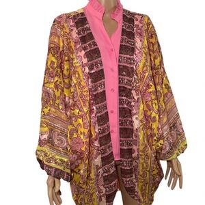 Umgee Kimono Jacket Boho Paisley Floral Print Yellow Pink Women's S M